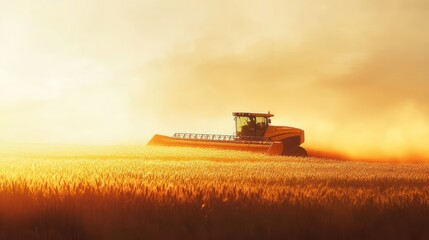 Fototapeta premium Farmer operates modern harvesting machine in golden wheat field, with sunlight shining across.