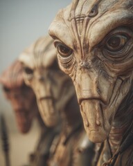 Close Up of Three Alien Figures with Textured Skin in a Desert Landscape Low Angle Shot