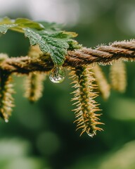 Naklejka premium Dew Drop on Green Leaf with Nature Background and Rope Texture