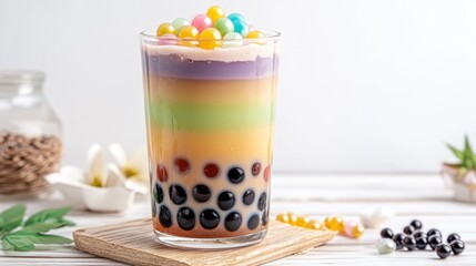 Colorful Layered Drink with Tapioca Pearls and Colorful Toppings