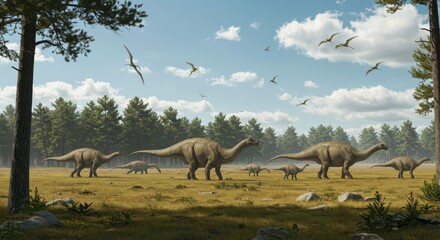 Prehistoric landscape with dinosaurs
