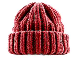 Cozy knitted red beanie fashion accessory indoor close-up style. Isolated on transparent background, png.