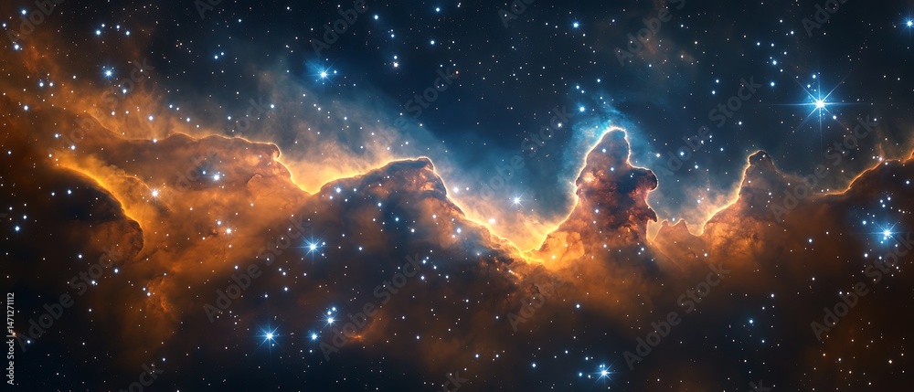 Wall mural cinematic view of deep space clouds with sparkling clusters and colorful ionized gases.