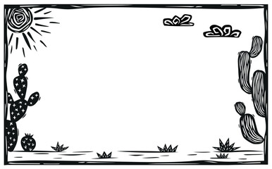 Frame with desert landscape on the sides, with cactus, sun and flying birds. Horizontal illustration in woodcut style.