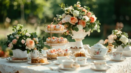 Elegant outdoor tea party with flowers and pastries