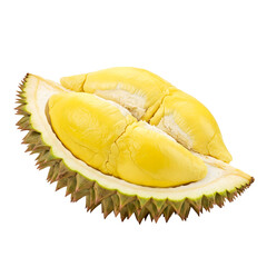 Whole and opened durian fruit showing sharp spiky shell and creamy yellow flesh, clearly isolated on transparent background, perfect for tropical food content and exotic fruit packaging.