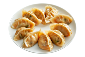 Steamed mandu dumplings placed in circular pattern on ceramic plate, isolated on white transparent background, concept of Asian cuisine