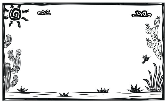 vintage horizontal border of desert landscape in black. Silhouette. With cactus and succulents. Vector illustration in woodcut style.