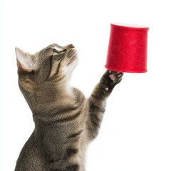 Curious Cat Playing with a Red Spool in Bright White Background