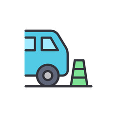 Stylized delivery truck with hazard cone depicting road work or safety
