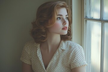 A young woman with auburn curls gazes thoughtfully out a window, lost in thought.