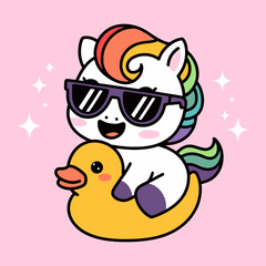 Cute Unicorn Wearing Sunglasses in Rubber Duck Float Illustration