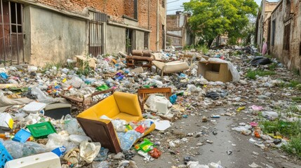Obraz premium Urban Wasteland Filled with Debris and Household Trash in City Alley