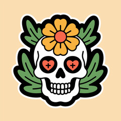 Day of the Dead Skull with Flower and Leaves Sticker