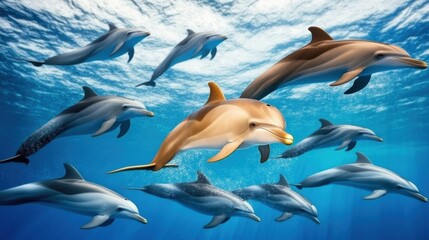 Obraz premium Majestic Dolphins Swimming Gracefully in Clear Blue Ocean Waters