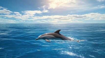 Fototapeta premium Dolphin Swimming Gracefully in Clear Blue Ocean Under Bright Sky