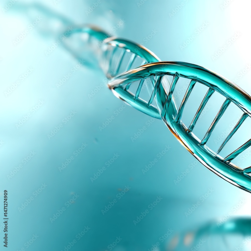 Poster dna structure: a close-up view of the double helix molecule on a light blue background, revealing in