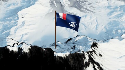 French Southern & Antarctic Territories flag on snowy peak 4K. Blue with French canton, TAAF monogram, 5 stars.

