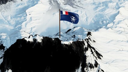 French Southern & Antarctic Territories flag on snowy peak 4K. Blue with French canton, TAAF monogram, 5 stars.

