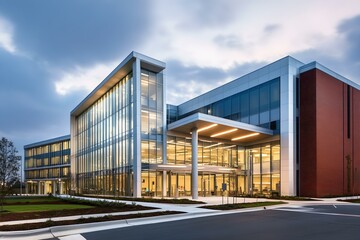 Obraz premium Modern Hospital Architecture with Glass Facade at Sunset for a Sleek and Innovative Healthcare Design
