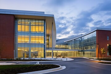 Modern Hospital Architecture with Glass Facade at Sunset for a Sleek and Innovative Healthcare Design