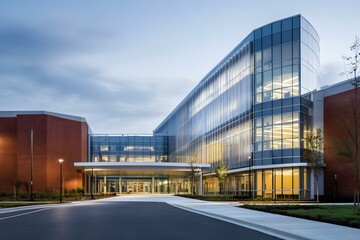 Modern Hospital Architecture with Glass Facade at Sunset for a Sleek and Innovative Healthcare Design