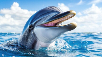Playful Dolphin Swimming in Clear Blue Ocean Under Bright Sky