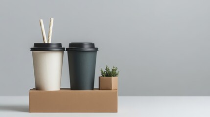 Two takeout coffee cups with lids and straws arranged on a cardboard carrier with a small plant against a gray studio background provide copy space.