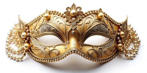 Elegant Golden Mask, Festive Portrait, Pearl Mask, Intricate Design, Artistic Photography