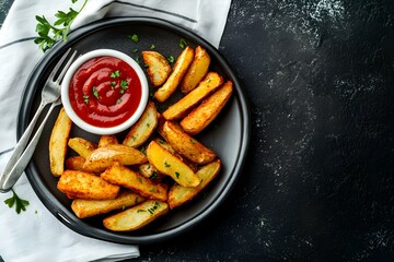 Top View of Spicy Fried Potatoes with Tomato Sauce for a Flavorful and Crispy Gourmet Delight