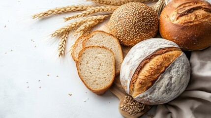 Assortment of baked goods and wheat stalks on a light surface.