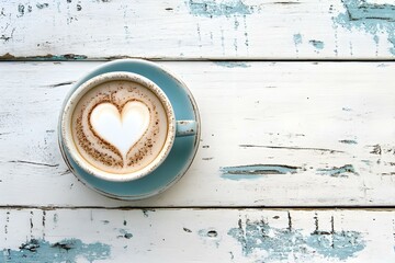 Cappuccino with Heart Latte Art on Rustic White Wooden Table for a Cozy and Charming Café Moment