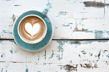 Cappuccino with Heart Latte Art on Rustic White Wooden Table for a Cozy and Charming Café Moment