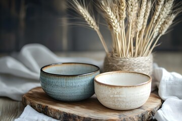 Ceramic Bowls on Wooden Board Near Wheat Sticks for a Rustic and Artisanal Culinary Display