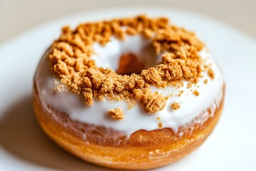 Cookie-Filled Donut with White Glaze and Crushed Biscuits for a Decadent Gourmet Treat