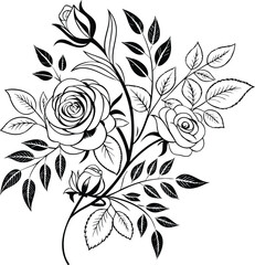 Vintage Rose Illustration with Curved Leaf Stems