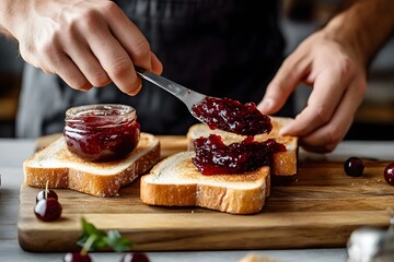 Crop Man Preparing Toasts with Cherry Jam for a Rustic Breakfast Delight in a Cozy Setting