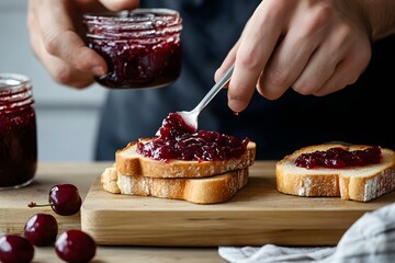 Crop Man Preparing Toasts with Cherry Jam for a Rustic Breakfast Delight in a Cozy Setting