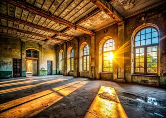 Fototapeta premium Empty Historic Building Interior - Sunlight & Shadows - AI Photo