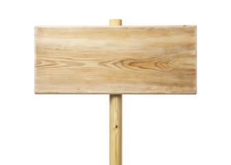 Clean white background with a plain wooden sign standing upright isolated on white background