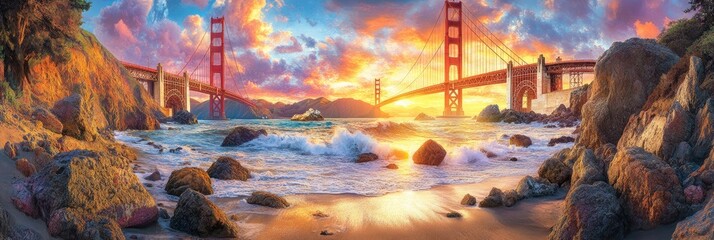 Golden Gate Bridge at Sunset over the Ocean