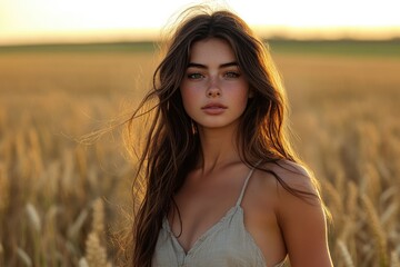 A young woman with long brown hair stands in a golden wheat field at sunset.