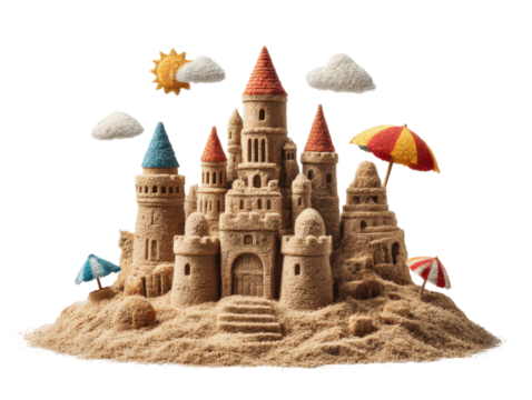 Creative sandcastle building beach art daytime artistic concept. Isolated on transparent background, png.