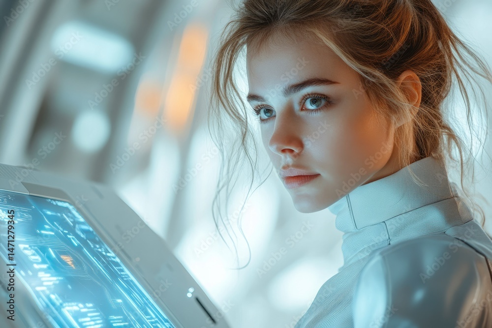Aufkleber young woman in futuristic setting, intently observing digital interface; technological advancement a