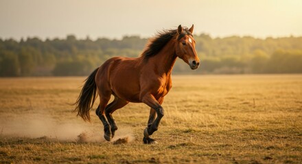 Fototapeta premium Brown horse running in golden field