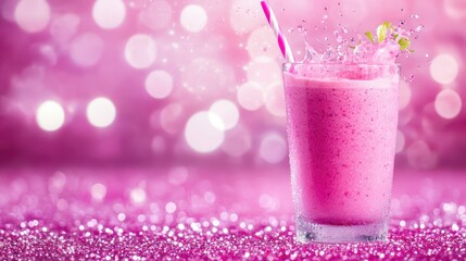 Pink smoothie in glass, vibrant hues and bokeh background, refreshing drink theme, ideal for health and wellness content.