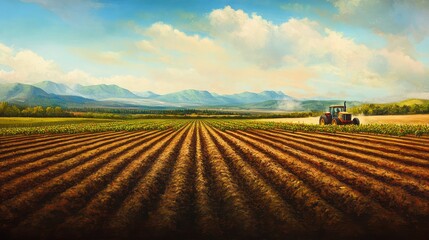Fototapeta premium Farmer plants rows of tomatoes in rich soil, with tractor and distant mountains in background.