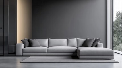 Modern grey sectional sofa, spacious and inviting with plush cushions, perfect for stylish living room setups, ample space for decor.