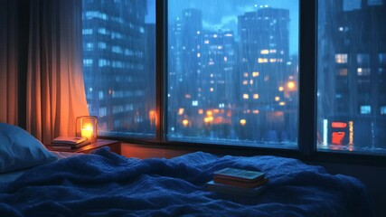 Cozy bedroom with candlelight and rainy cityscape through window symbolizing comfort relaxation melancholy and solitude