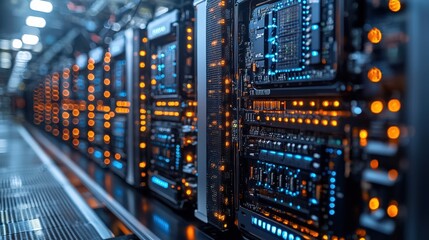 Detailed view of server racks with illuminated circuit boards in data center